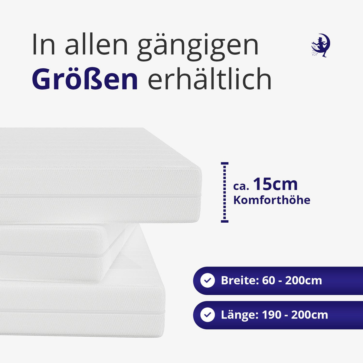 Gelschaummatratze mit ca. 15 cm Höhe in allen gängigen Größen zwischen 60–200 cm Breite und 190–200 cm Länge erhältlich