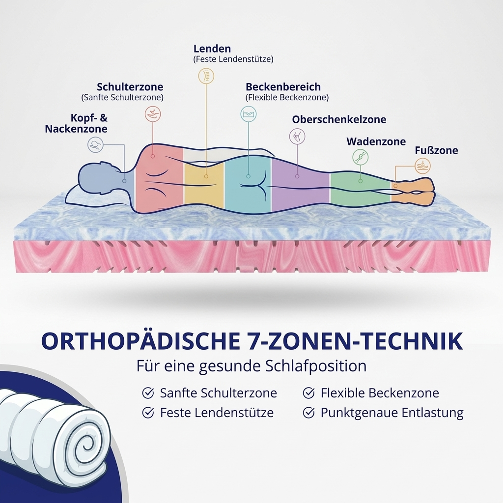 Grafik der hybridmatratze mit 7 zonen zur optimalen koerperanpassung und wirbelsaeulenunterstuetzung