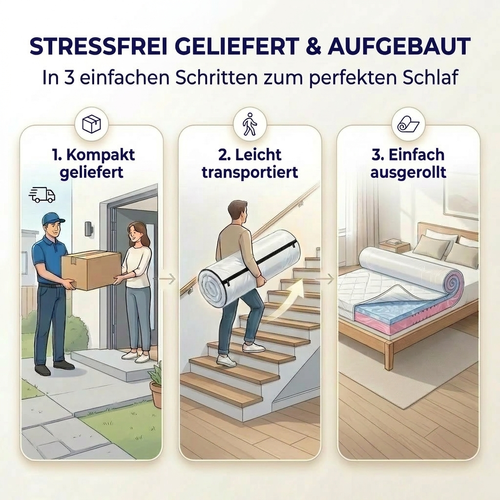Hybridmatratze kompakt verpackt leicht zu transportieren und schnell einsatzbereit nach dem ausrollen