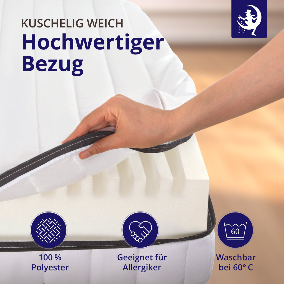 atmungsaktiver bezug der kaltschaummatratze 13 cm abnehmbar waschbar bei 60 grad ideal fuer allergiker