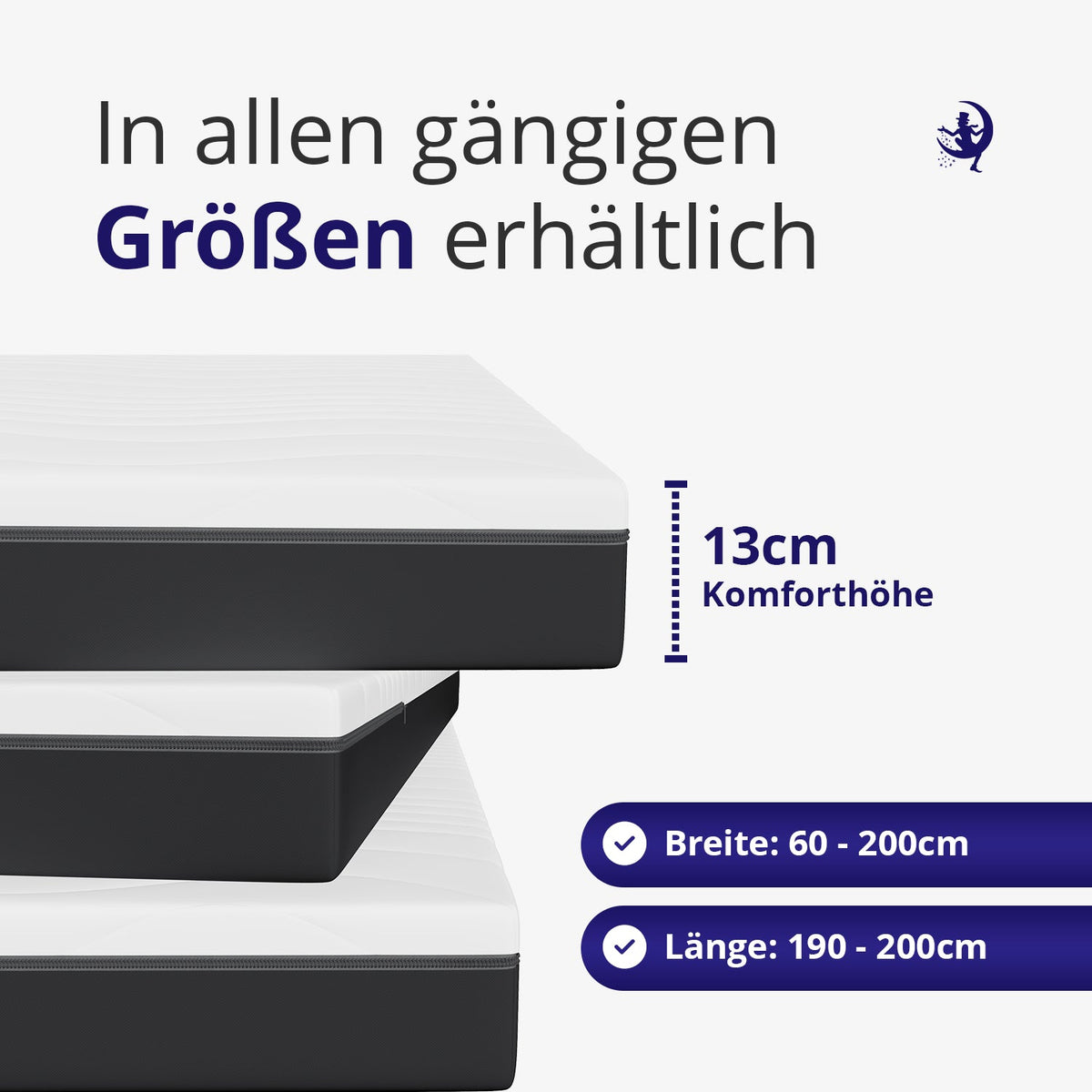 Matratze mit 13 cm Komforthöhe in allen gängigen Grössen von 60x190 bis 200x200 cm verfügbar – platzsparend und bequem