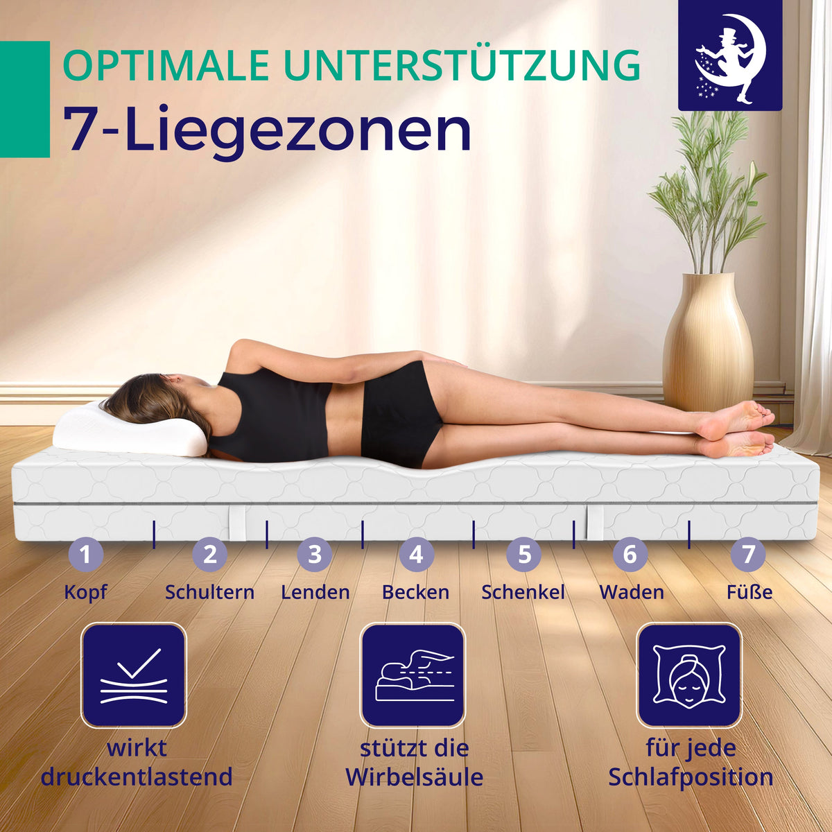 Mister Sandman Matratze mit 7 Liegezonen für optimale Unterstützung der Wirbelsäule in Seitenlage