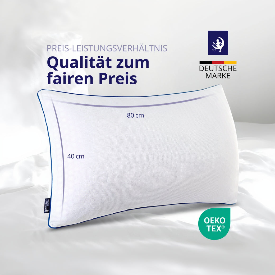 Nackenkissen mit Maßangaben und dem Hinweis „Qualität zum fairen Preis“ – perfekte Passform für alle Schlafpositionen