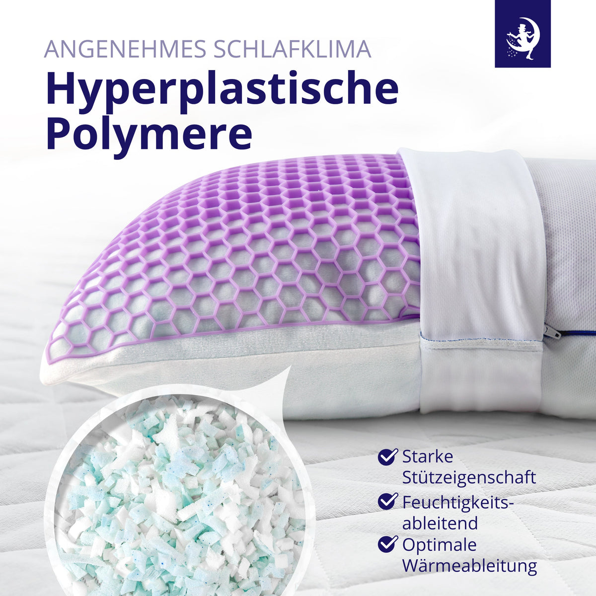 Aufgeschnittenes ergonomisches Kissen mit hyperplastischen Polymeren, optimaler Wärmeregulierung und hoher Stützkraft – ideal für Nacken und Kopf