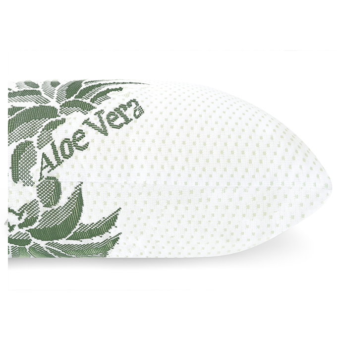Seitenansicht vom Aloe Vera Kissen mit weichem, hautfreundlichem Bezug und feiner Aloe-Musterung