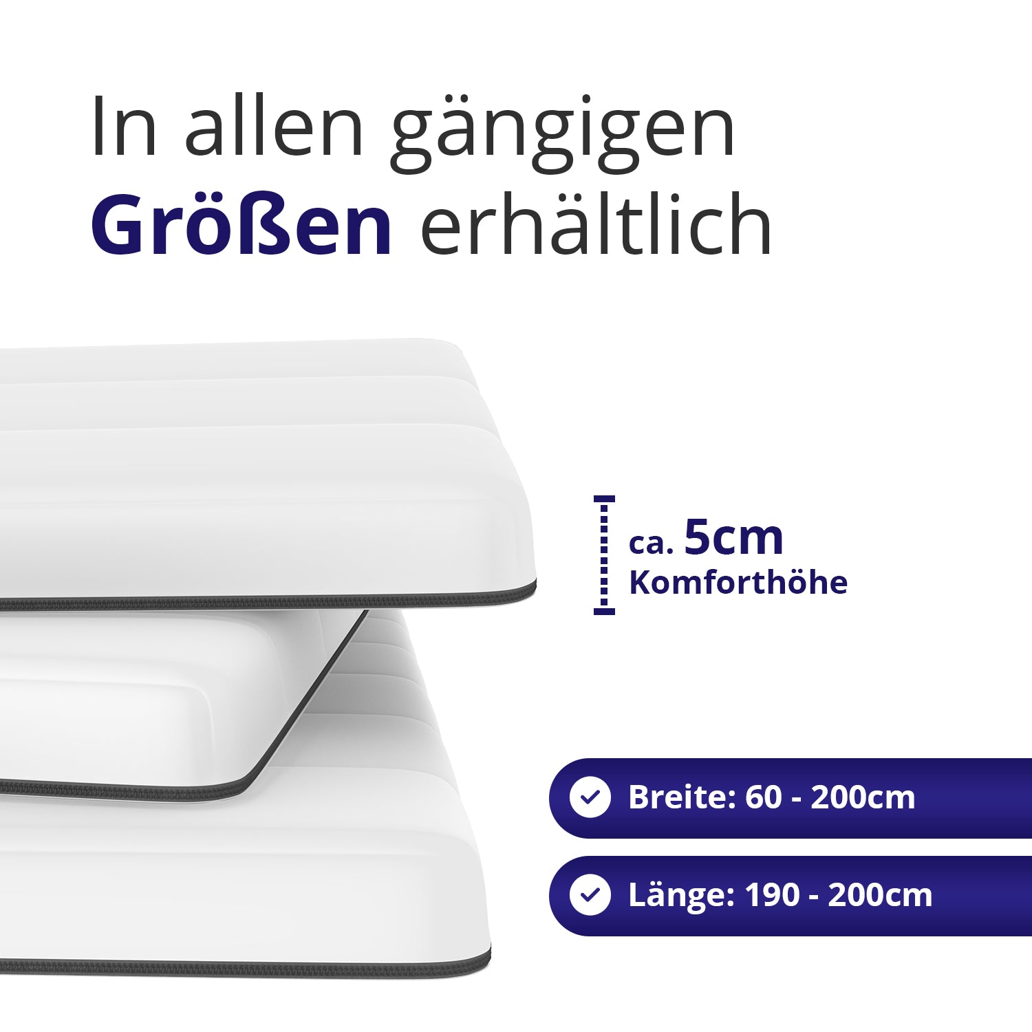Atmungsaktiver 5 cm Gelschaum Topper in allen gängigen Größen wie 90x200, 100x200 und 180x200 – mit optimaler Komforthöhe für Boxspringbetten und Matratzen.