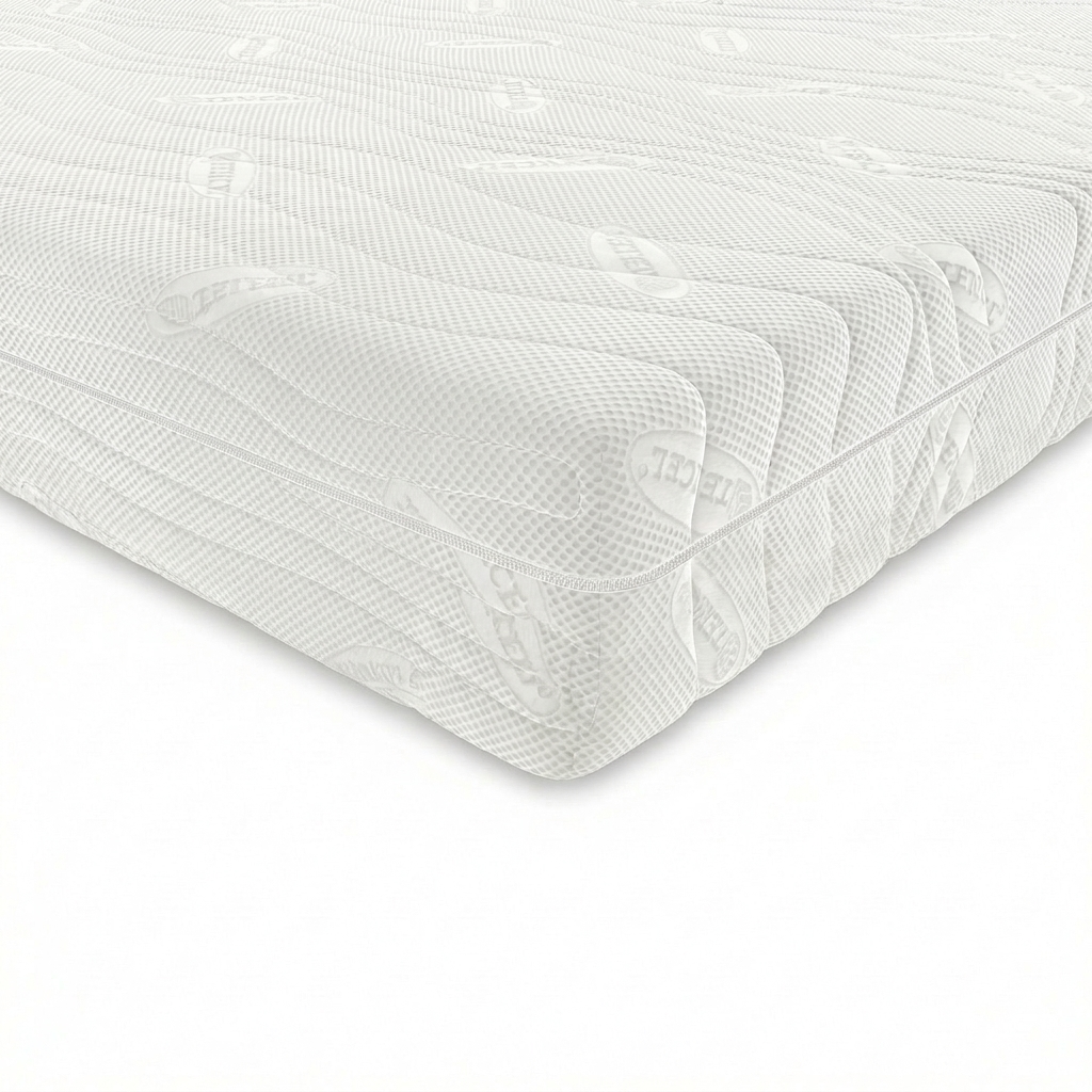 Detailaufnahme des matratzenbezugs mit lyocell fuer angenehmes und atmungsaktives liegegefuehl