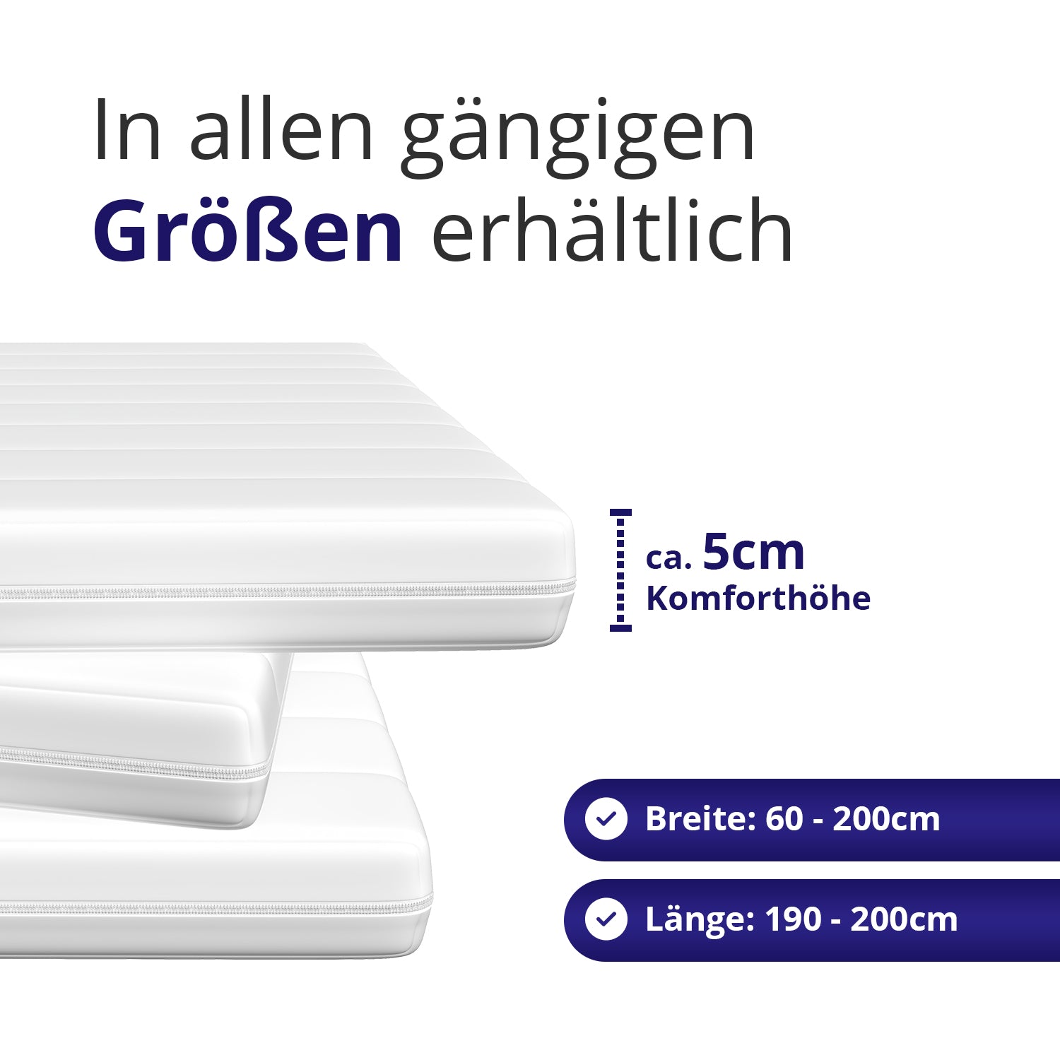 Kaltschaum Matratzenauflage in allen gängigen Größen inclusive 90x200cm und 180x200cm – ca. 5cm hoch für maximalen Schlafkomfort